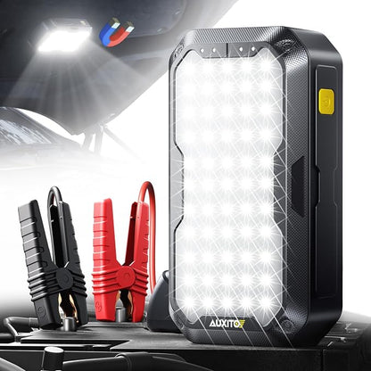 AUXITO Jump Starter, 5000A Car Battery Jump Starter, Up to 8.5L Gas and 8.0L Diesel Engines with 2000LM LED Work Panel Light, 12V Safe Jump Box with Camping Light, Power Bank and Jumper Cable