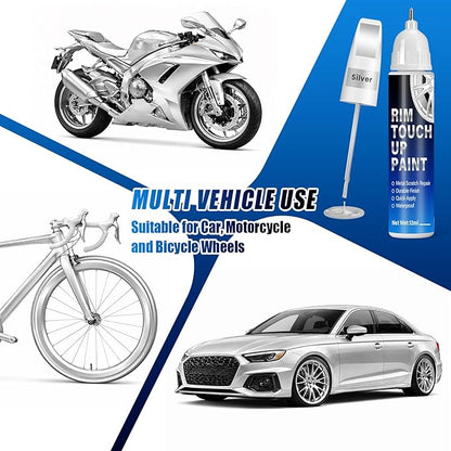 Silver Rim Touch Up Paint, 2-in-1 Brush & Tip, 0.4 fl oz - Universal Silver Rim Curb Rash Repair Kit for Scratches, Scuffs Alloy/Metal Wheels, OEM Color Match, Quick-Dry & Long-Lasting