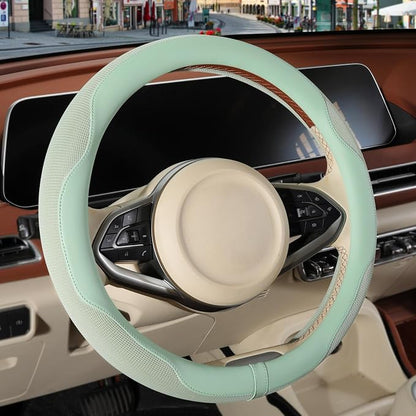 Nappa Leather Steering Wheel Cover, Advanced Microfiber Leather Non-Slip Breathable Fabric, Warm in Winter and Cool in Summer, Green Large 15.5 inch to 16 inch