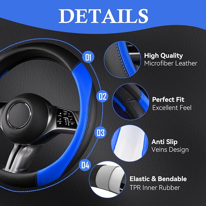 CAR PASS Faux Leather Steering Wheel Cover and Waterproof Car Floor Mats,Universal Car Combo Fit for 95% Sedan,SUV,Cars,14.5-15inch Sporty Anti-Slip Safety Comfortable Design(Black＆Bule)