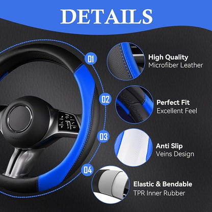 CAR PASS Faux Leather Steering Wheel Cover and Waterproof Car Floor Mats,Universal Car Combo Fit for 95% Sedan,SUV,Cars,14.5-15inch Sporty Anti-Slip Safety Comfortable Design(Black＆Bule)