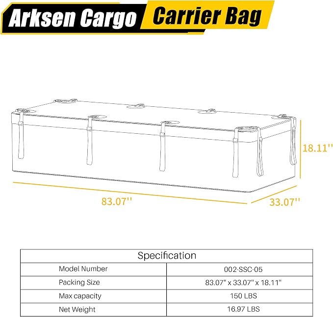 ARKSEN Roof Top Luggage Storage Bag for 84" x 39" Roof Baskets Waterproof 29 Cubic Feet (83.07"L x 33.07"W x 18.11"H) with 12 Straps Anti-Slip Mat 8 Door Hooks for All Vehicles with or without Rack