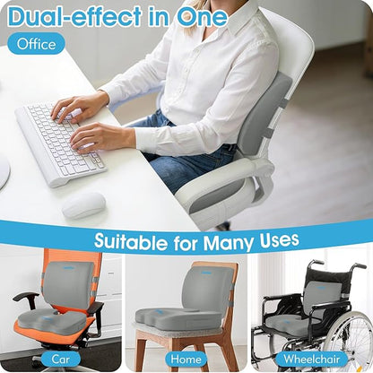 CushZone Ergonomic Seat Cushion & Lumbar Support Pillow - Memory Foam for Sciatica Pain Relief & Posture Correction, Non-Slip Chair Cushions for Office Chair/Car/Wheelchair/Travel, Light Grey