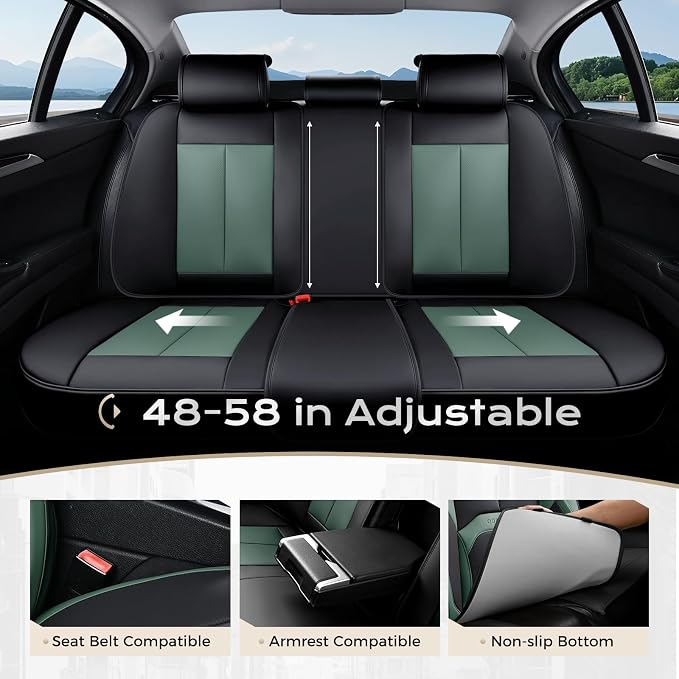 Coverado Car Seat Covers Full Set, Green Car Seat Cover, Car Leather Seat Protector with Lumbar Support, Waterproof Car Seat Cushion, Leather Seat Covers Universal Fit Most Cars, (Black&Green)