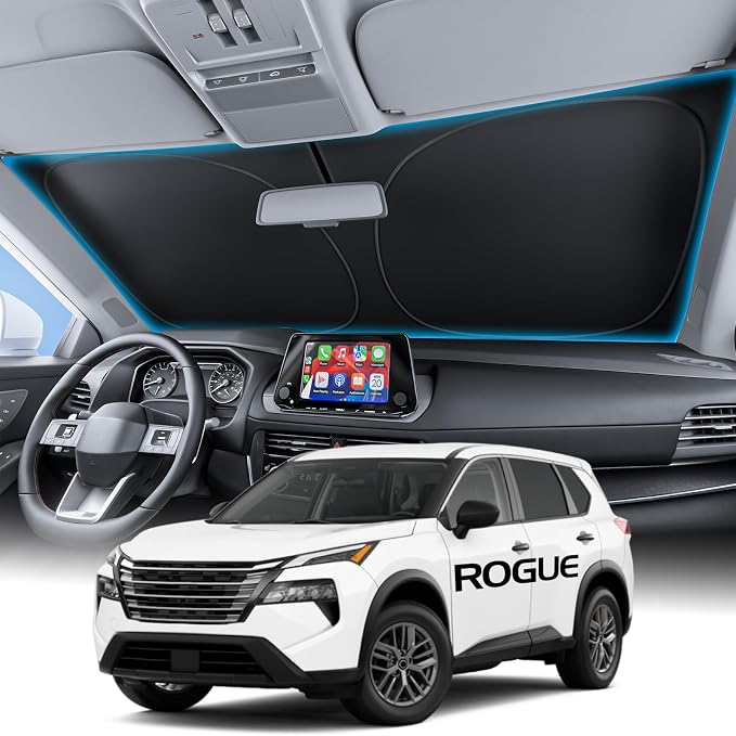 Wigoo for Nissan Rogue Windshield Sunshade [OEM Design, 100% Sun Blockage] Foldable Heat Insulation Sun Shade with Storage Bag, for Nissan Rogue (2021-2026), Silver Coating