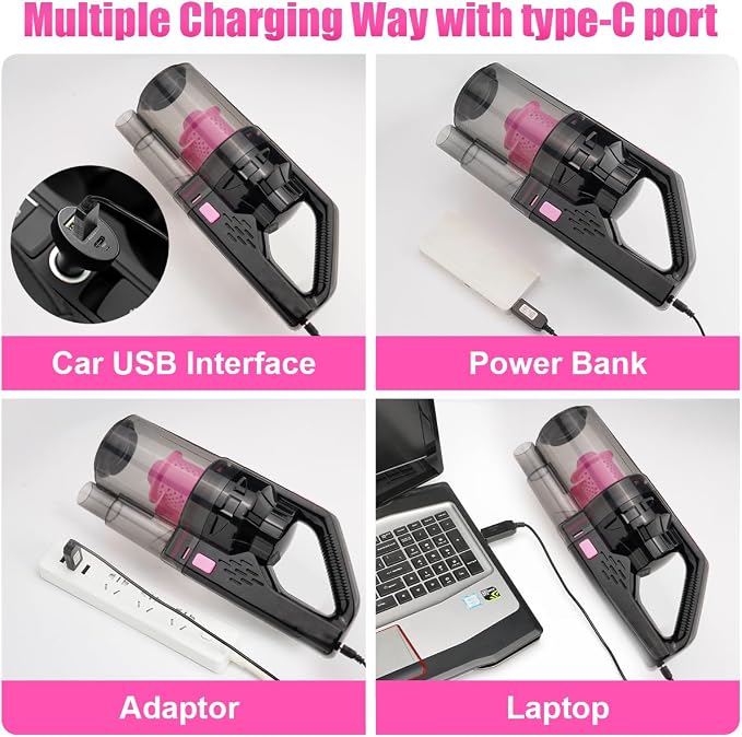 Car Vacuum Cordless Rechargeable, 8000PA High Power Handheld Vacuum Cleaner with 17PCS Car Cleaning Kit, Pink Auto Accessories for Women Gift