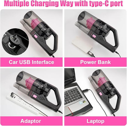Car Vacuum Cordless Rechargeable, 8000PA High Power Handheld Vacuum Cleaner with 17PCS Car Cleaning Kit, Pink Auto Accessories for Women Gift