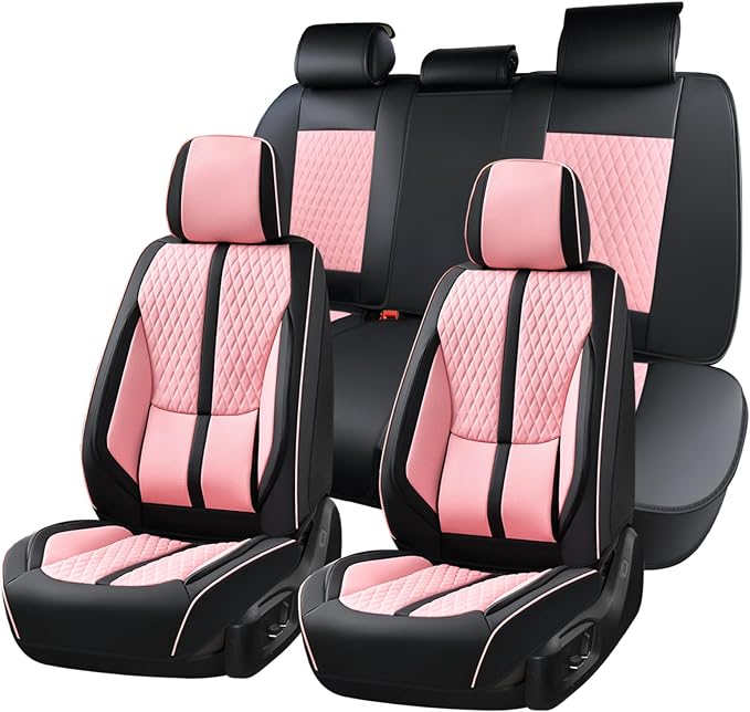 Huidasource Seat Covers Full Set, Luxury Nappa Leather Seat Covers with Velcro Adjustable, Airbag, Lumbar Support, Cooling ＆ Heating, Pink Car Seat Covers Fit for Most Cars SUV Trucks, Black＆Pink