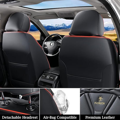 FLORICH Leather Seat Covers Full Set Car Seat Protectors 5 Seats Automotive Seat Covers Universal Fit for Most Cars Trucks SUV-Black&Red Line