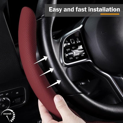 Car Steering Wheel Cover Leather Snap On 3Pcs Set Non-Slip Protector Wrap Steering Wheel Accessories 14.5-15 inch Universal Wine Red