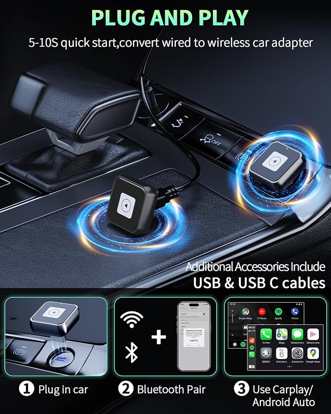 Wireless CarPlay & Android Auto Adapter 1-Inch (2.54cm) - Discreet Plug & Play, Stable Connection for Music/Navigation, Works with iPhone iOS 10+ & Android 11+,for 98% of Cars (2016-2025) (Black)