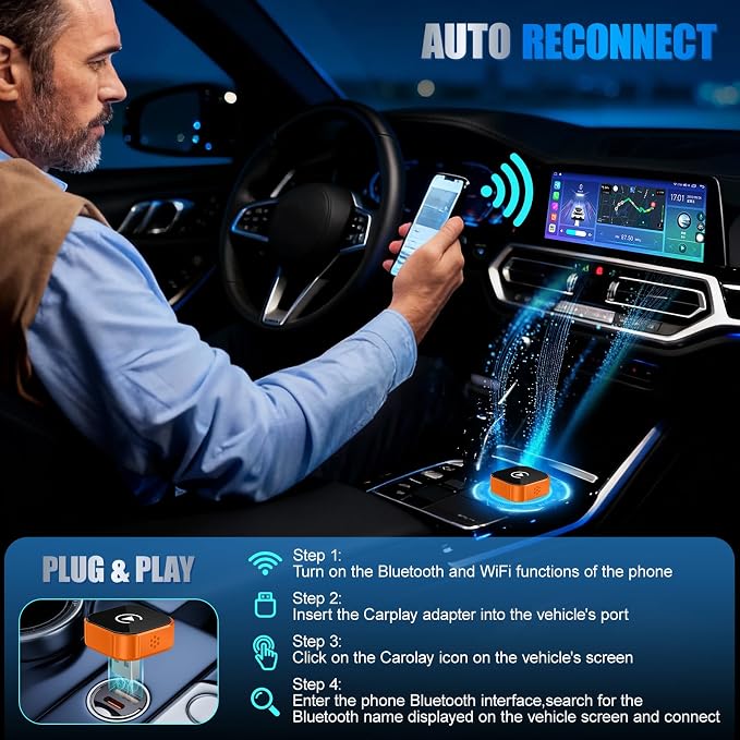 2026 Wireless Car Adapter - Universal Smart Screen Converter, USB-C/Type-C, Plug & Play, Zero Delay Needs Built-in Vehicle System（Orange Color）