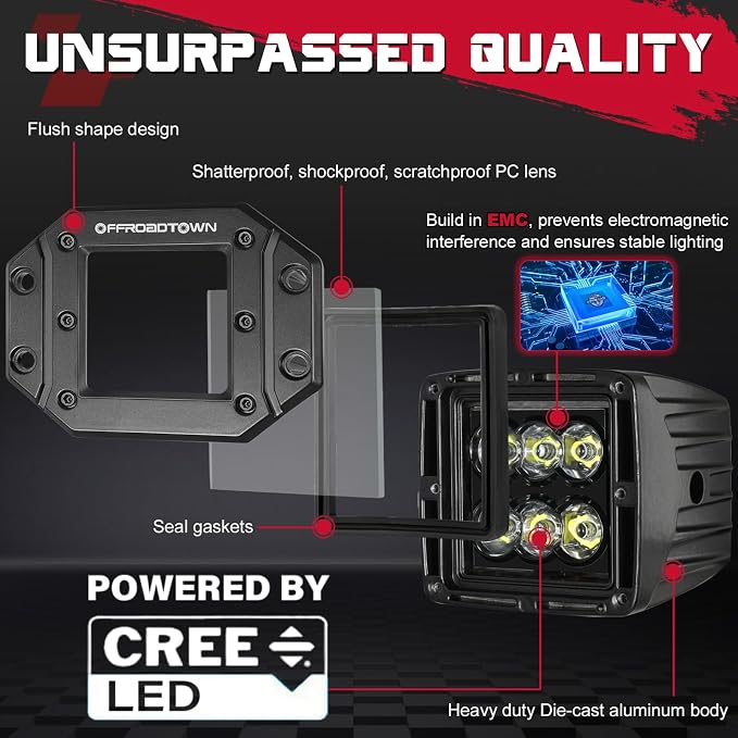 OFFROADTOWN Flush Mount LED Pods with Wiring Harness, 5'' 12,000LM CREE LED Driving Light Reverse Backup Lights Flush Light Bar Off Road Lights for Truck Pickup UTV ATV SUV Boat 4x4 Car