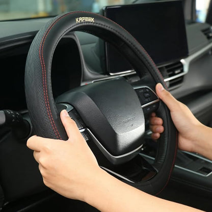 KAFEEK 15 inch Steering Wheel Cover, Breathable Perforated Microfiber Leather, Sporty Diamond Texture, Anti-Slip Red Stitching Car Steering Wheel Protector, Universal Fit for Cars SUVs Trucks, Black