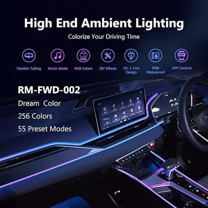 Car-Ambient-Lighting-Kit,RGB 18 in 1 256 LED with Wireless APP DIY Modes Acrylic Interior Car LED Strip Light