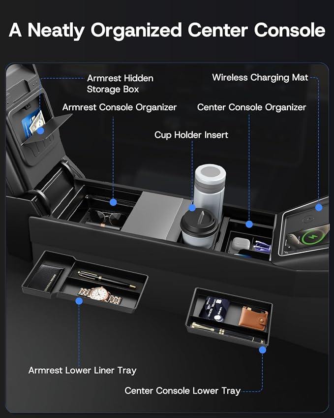 9PCS Center Console Organizer Tray for Tesla Model 3 Accessories 2024 2025 2026 [Premium PC + Silent Silicone Liner] Bottom Liners Armrest Privacy Hidden Storage Cup Holder Wireless Charging Pad