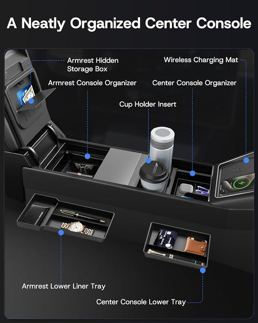 9PCS Center Console Organizer Tray for Tesla Model 3 Accessories 2024 2025 2026 [Premium PC + Silent Silicone Liner] Bottom Liners Armrest Privacy Hidden Storage Cup Holder Wireless Charging Pad