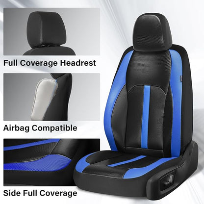Coverado Leather Car Seat Covers Full Set & Carbon Fiber, Waterproof and Durable All Weather Protector, Universal Fit for SUV, Pickup Truck, Sedan, Automotive Vehicle Interior, Black&Blue