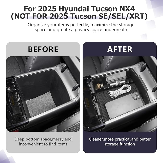 LUWU 2025 Tucson Accessories for 2025 2026 Hyundai Tucson Hybrid [Electronic Shift] Center Console Organizer Armrest Storage Box Armrest Console Organizer Insert Tray Black(NOT FOR 2025 SEL/SE/XRT)