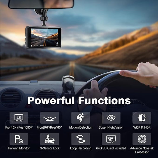 2K Dual Dash Camera for Cars, Free 64G SD Card, FHD 2K+1080P Dash Cam Front and Rear, 3.2'' IPS Screen, 176° Wide Angle Dashcam, 24H Parking Monitor, G-Sensor, Loop Recording, Night Vision, WDR