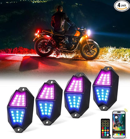 Xprite 4 Pods RGB LED Rock Lights, Aluminum 220° Wide Angle with APP/RF Remote Control Chasing Effect, Music Sync and Turn Brake Signals Compatible with Truck, Jeep, UTV, ATV