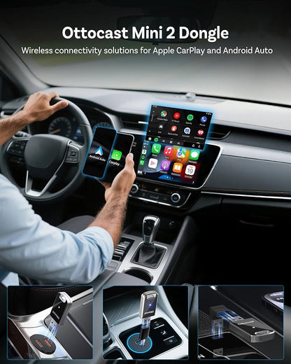 OTTOCAST Mini Edge 2025 Wireless Carplay Adapter & Android Auto Wireless Adapter for Apple iPhone Samsung Android Phone 2-in-1, USB Car Accessories, 5 GHz Wi‑Fi Bluetooth 5.0 Voice Control Plug & Play