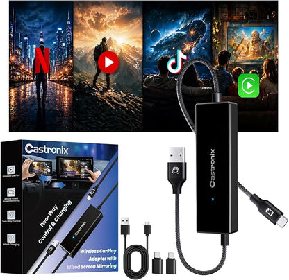 4-in-1 Wireless CarPlay Adapter for iPhone 15/16/17 & Newer, Wired Video Streaming, Screen Mirroring, Two-Way Control & Charging, Plug & Play for Factory Wired CarPlay (Black)