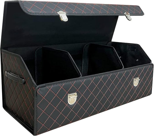 Car Trunk Organizer with Lid,Foldable Faux Leather Cargo Storage Box,3 Compartments,Collapsible Multi-Functional for SUV,Sedan,Vehicle Trunk