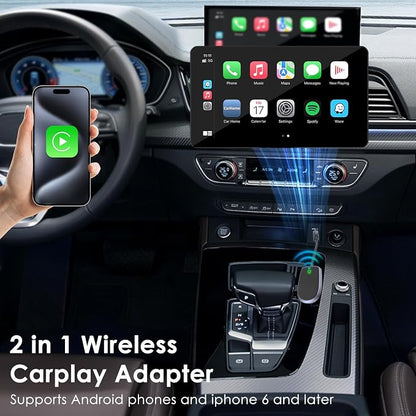Wireless CarPlay Adapter 2-in-1 Android Auto Wireless Adapter CarPlay Plug and Play Convert Wired to Wireless CarPlay Fit for Cars 2016+, iPhone iOS 10+, Android 10.0+