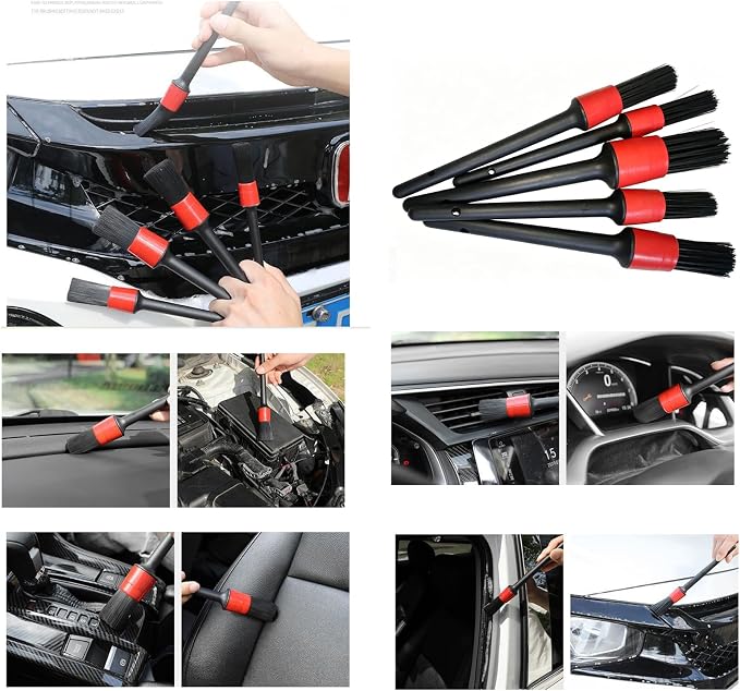 5 Pcs Set Red Car Interior Leather Seat and Vent Brush Detail Cleaning Brush Wheel Cleaner Brush for Cleaning the Interior and Exterior of Cars