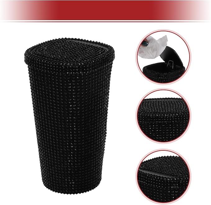 ACROPIX Car Trash Can Trash Bin Rhinestones Portable 3.5" Length 3.5" Width 6.3" Height Black Rhinestone Plastic
