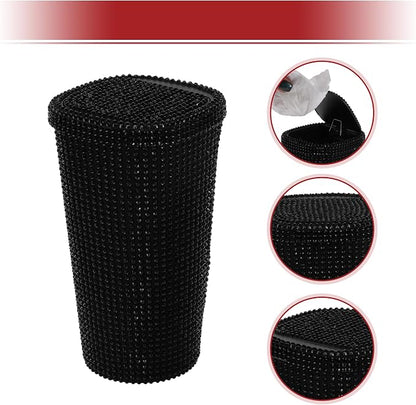 ACROPIX Car Trash Can Trash Bin Rhinestones Portable 3.5" Length 3.5" Width 6.3" Height Black Rhinestone Plastic