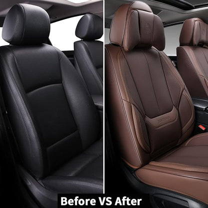 Coverado Front and Back Seat Covers, Waterproof Nappa Leather Auto Seat Protectors Full Set with Head Pillow, 5 Pieces Universal Car Accessories Fit for Most Sedans SUV Pick-up Truck, Brown