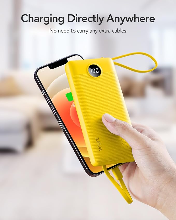 VRURC Portable Charger, Built-in 4 Cables Portable Phone Charger 10000mAh | Lightweight Power Bank with 5 Output 2 Input Compatible with Smart Phones,Samsung,Android etc-Yellow(1 Pack)