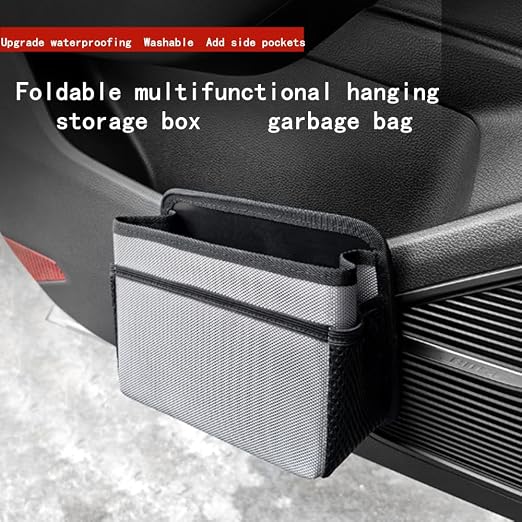 Car Trash Can, Foldable Multifunctional Hanging Storage Box Trash Can with a Roll of Garbage Bag, Multi Pocket Design Suitable for Car, Home, and Office Car Trash Cans (Beige)
