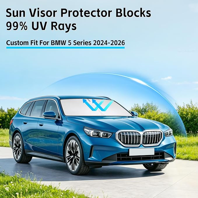 Windshield Sun Shade for BMW 5 Series 2024-2026 Sunshade 300T Windshield Cover Shield Protector Blocks UV Rays Custom Fit 5 Series Front Window Shade Windshield Accessories Keep Cool Foldable