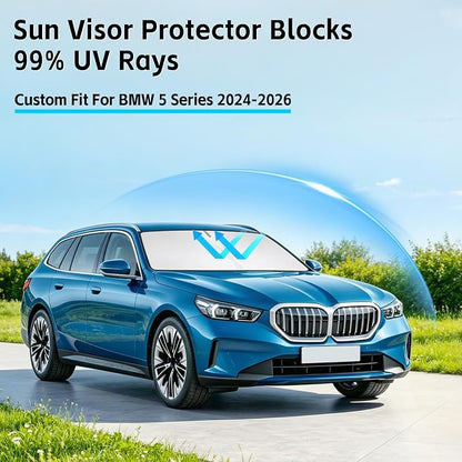 Windshield Sun Shade for BMW 5 Series 2024-2026 Sunshade 300T Windshield Cover Shield Protector Blocks UV Rays Custom Fit 5 Series Front Window Shade Windshield Accessories Keep Cool Foldable