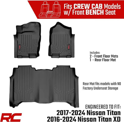 Rough Country Floor Armor Front & Rear Floor Mats for Nissan Titan (2017–2024) & Titan XD (2016–2024) Crew Cab w/Front Bench Seats - All-Weather Protection, Spill Saver Lip