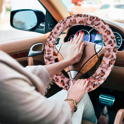 Accmor Fuzzy Steering Wheel Cover, Universal Fit Fur Car Wheel Cover & Handbrake Cover & Gear Shift Cover Set for Women Girls, Leopard Winter Warm Fluffy Vehicle Wheel Protector for Auto, SUV (Pink)