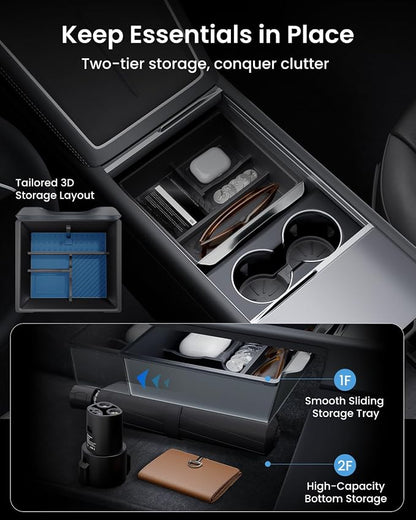 REEVAA Center Console Organizer for Tesla Model Y Juniper 2025-2026 (Premium & Performance), Model 3 Highland 2024-2026 All Trims [Dual-Tier Storage, Seamless Fit], Premium Silicone Liner, 4PCS, Grey