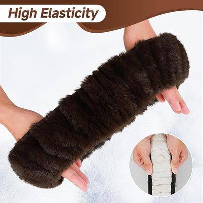 SEG Direct Furry Car Steering Wheel Cover with Gear Shift Cover, Soft and Warm, Cute Fluffy Auto Decor for Women Men, Standard Size, 2 PCS Set, Coffee Brown