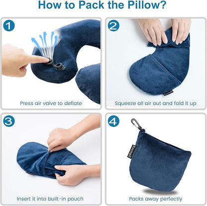 Keemall Travel Neck Pillow for Airplane, Compact Inflatable Neck Pillow for Traveling Long Flights, Adjust Firmness Neck Suport Pillow for Sleeping Plane Head Rest for Travel Accessories,Deep Blue