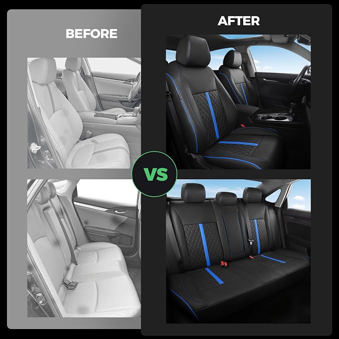 for Honda Civic Leather Seat Covers, Sedan Sport, EX EX-L EX-T Touring 2016-2021, Custom Fit Car Seat Cover Full Set, Waterproof Accessories, Black Blue (60/40 Split Benches)