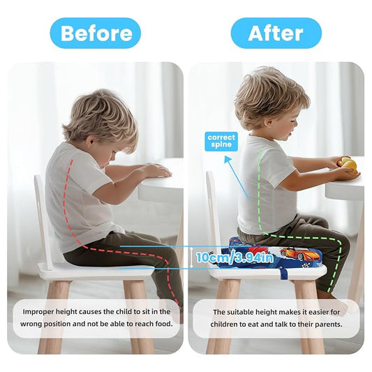 Toddler Booster Seat for Dining Table, 4" Kids Booster Seat for Kitchen Chair with Non-Slip Bottom, Portable Detachable Washable Increasing Cushion with 2 Adjustable Straps (Racing car)