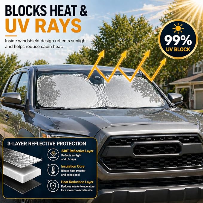 Tacoma Windshield Sun Shade, Sunshade Windshield Visor for Toyota Tacoma 1995-2025.