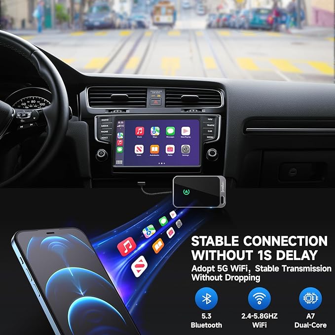 Jemluse Wireless CarPlay Adapter for Apple iPhone - Multi-User Seamless Connection for Convert Wired to Wireless Car Play Adapter - No Latency from iOS 10+ to Screen w/USB C(Lunar Silver)
