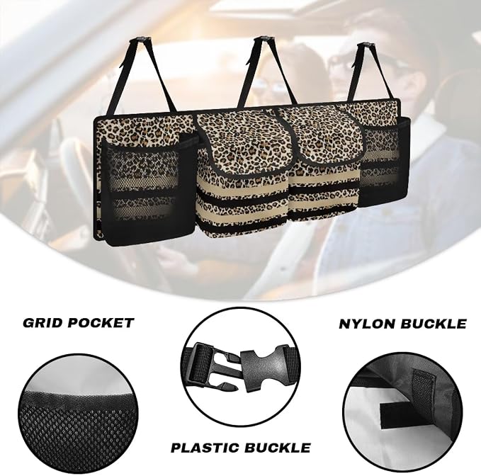 Hanging Backseat Trunk Organizer for Car Brown Leopard Print Car Storage Organizer Multipurpose Cargo Bag with 3 Adjustable Buckles