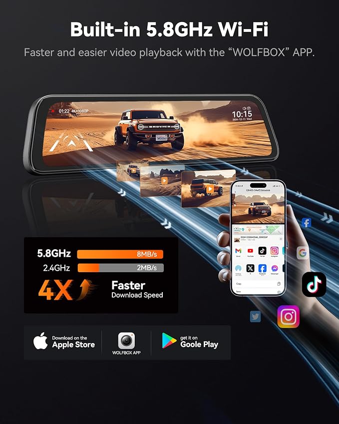 WOLFBOX G840S 12" 4K Mirror Dash Cam Backup Camera, 5.8GHz WiFi Smart Rearview Mirror for Cars & Trucks, Front and Rear View Dual Cameras, Night Vision, Parking Assistance, Included 32GB Card & GPS