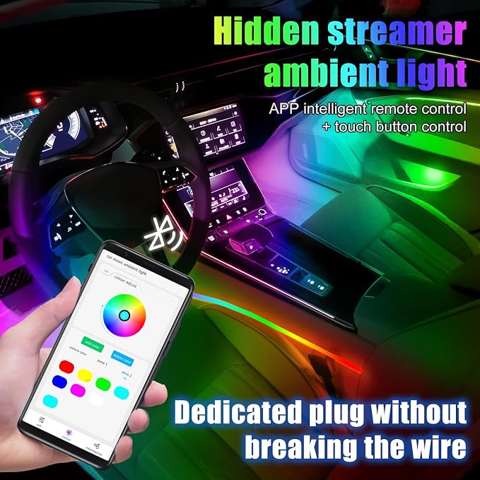 HMYC Car Interior Ambient Lights,18 in 1 128 Colorful LED Acrylic Fiber Optic Strip,Universal Multiple Modes Decoration Atmosphere with Music Sync Rhythm,APP Control,RGB Neon Lighting for All Cars