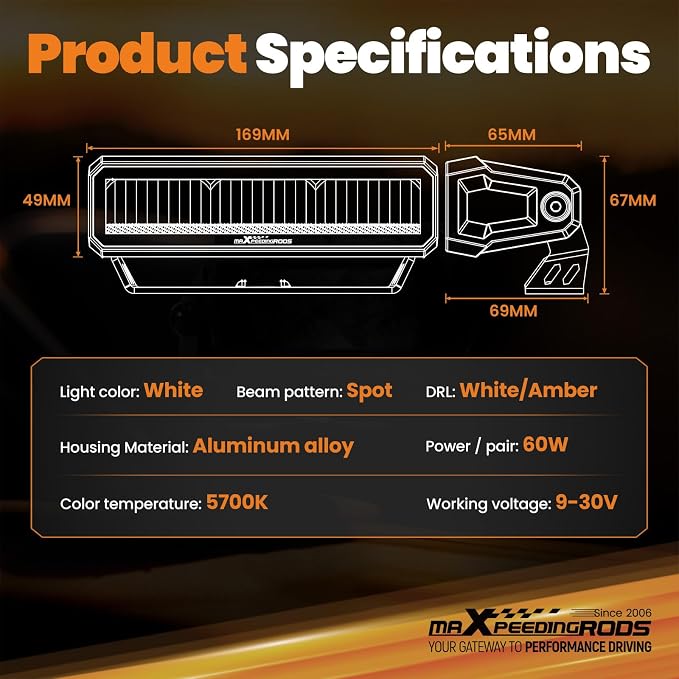 maXpeedingrods 2X 6.7 Inch LED Light Bar, Offroad Lights with Amber/White DRL 60W, 6000LM Spot Fog Lights With Wiring Harness, IP67 Waterproof Pod Lights for Jeep Truck Pickup SUV ATV UTV Motorcycle